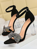 Sandales à talons noir talon aiguille bout ouvert éponge strass nœud papillon bride à la cheville talons