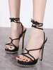 Sandales à talons noires Talon aiguille Bout carré Talons hauts en cuir PU à la cheville