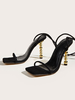 Sandales à talons noires Talon de forme spéciale bout carré talons à lacets en micro suède