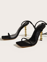 Sandales à talons noires Talon de forme spéciale bout carré talons à lacets en micro suède