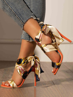 Sandales à talons orange talon aiguille bout ouvert satin supérieur à lacets talons