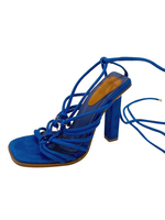 Sandales à talons pour femmes bleu talon chunky à lacets micro daim supérieur à lacets talons
