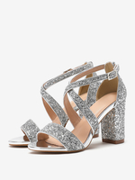 Sandales à talons pour femmes bout rond talon épais chaussures de soirée en tissu pailleté
