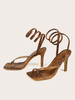Sandales à talons pour femmes café marron talon aiguille en cuir PU imprimé serpent sandales à lacets