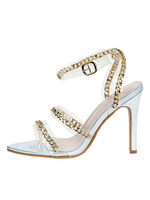 Sandales à talons pour femmes; talon aiguille argenté; bout ouvert; talons hauts à bride à la cheville