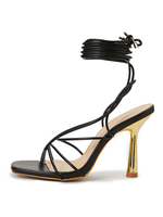 Sandales à talons pour femmes Talon aiguille Bout carré Cuir PU Talons à lacets noirs