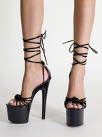 Sandales à talons pour femmes talon aiguille bout ouvert en cuir PU talons à lacets noirs