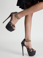 Sandales à talons pour femmes; talon aiguille; fermeture à glissière; cuir PU; talons noirs à bride à la cheville