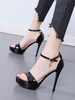 Sandales à talons pour femmes talon aiguille noir bout carré talons en cuir verni léger bride à la cheville