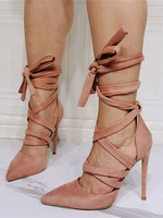 Sandales à talons pour femmes; talon aiguille; sandales supérieures en micro daim; talons à lacets roses