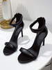 Sandales à talons pour femmes; talons aiguilles noirs; bout rond; talons en cuir PU avec bride à la cheville