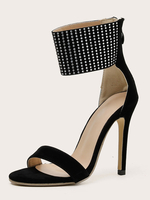 Sandales à talons pour femmes; talons aiguilles noirs; fermeture à glissière en micro daim; talons à bride à la cheville