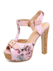 Sandales à talons Rose Talon Chunky Peep Toe Motif à imprimé floral PU Cuir Talons à bride en T
