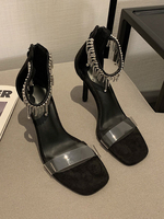 Sandales à talons Talon aiguille noir Bout carré en cuir verni Bride à la cheville