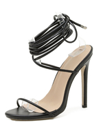 Sandales à talons Talon aiguille noir Bout rond en cuir PU Talons à lacets