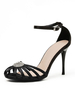 Sandales à talons talon aiguille noir bout rond en satin talon aiguille bride cheville talons