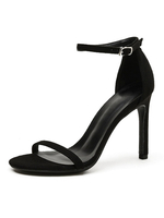 Sandales à talons talon aiguille noir bout rond micro daim talons bride à la cheville