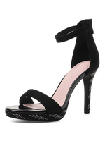 Sandales à talons talon aiguille noir bout rond micro daim talons bride à la cheville
