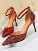 Sandales à talons Talon aiguille rouge Bout pointu Escarpins en tissu à paillettes avec bride à la cheville