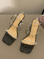 Sandales à talons Talon de gobelet noir Bout carré Talons transparents avec bride à la cheville