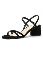 Sandales à talons talon épais noir bout rond micro daim haut talon bride à la cheville
