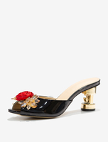 Sandales chaussures en cuir PU à bout rond et cristal femmes talon de forme spéciale noir