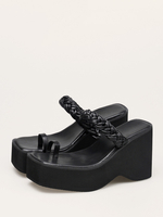 Sandales Chaussures Femmes Bride Tricoté Cuir PU Slide Talon Compensé Noir