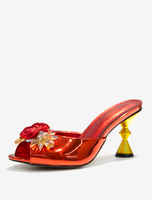 Sandales Chaussures Femmes Fleurs Bout Rond PU Cuir Slide Talon De Forme Spéciale Rouge