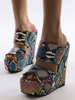Sandales compensée femme verte bleu imprimerie serpent