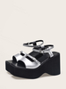 Sandales Compensées Bicolores À Boucle Argent Noir Femmes En Cuir PU