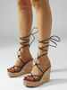 Sandales compensées bout carré noir en cuir PU Talon compensé Talons à lacets