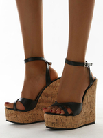 Sandales compensées femmes noir en PU boucle réglable