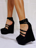 Sandales compensées noires bout fermé talon aiguille cuir PU bride de cheville noire talons compensés