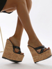 Sandales compensées pour femme en cuir PU moderne à bout ouvert Mules noires à talons compensés