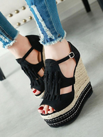 Sandales compensées pour femmes Attractive Micro Suede Tassel Strap Strap Sandales compensées réglables