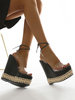 Sandales compensées pour femmes Magnifiques à lacets Peep Toe Talons à bride à la cheville en cuir PU