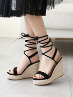 Sandales compensées pour les femmes Charme Micro Suede Bout rond supérieur Cheville Cross Strap Sandales compensées
