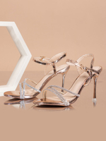 Sandales dété pour femmes Peep Toe Talon aiguille Cuir verni Blond Bride à la cheville Talons
