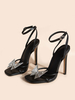 Sandales dété pour femmes talon aiguille bout carré en cuir PU noir talons à bride à la cheville