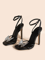 Sandales dété pour femmes talon aiguille bout carré en cuir PU noir talons à bride à la cheville