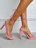 Sandales dété pour femmes talon aiguille bout ouvert cuir PU talons à lacets roses