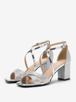 Sandales De Mariée Chaussures De Mariage Tissu Pailleté Argenté À Bout Carré