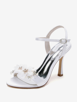 Sandales De Mariée En Satin Blanc Bout Ouvert Fleur Chaussures De Mariage