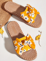 Sandales de plage jaunes femmes à bout ouvert Floal imprimé Bow Sandal Slide