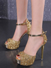 Sandales de soirée or en PU talons hauts bout ouvert chaussures femme cérémonie