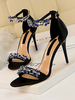 Sandales en cristal noir Cristal cheville Stiletto Talons hauts Chaussures de bal