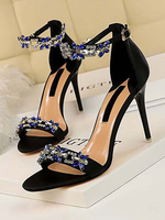 Sandales en cristal noir Cristal cheville Stiletto Talons hauts Chaussures de bal