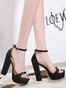 Sandales Femme Bout Carré Talon Chunky Chic Noir Cheville Strap Sandales Noires