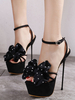 Sandales femmes sexy noir micro daim talon haut plateforme décoré de noeud