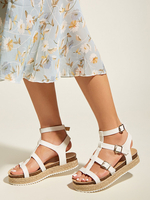 Sandales gladiateur blanches pour femmes en cuir PU bout rond bride à la cheville sandales dété